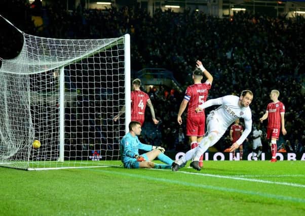 Pierre-Michel Lasogga, of Leeds United, scores United's first goal. (Picture: James Hardisty)