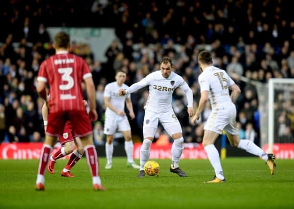Pierre-Michel Lasogga in the thick of the action against Bristol City.