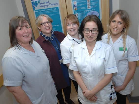 Andrea Dunn with the Speech and Language Therapy team Astrid Hubbard, Joanna Cann, Shelley Fox and Joanna Scott. (1802133AM1)