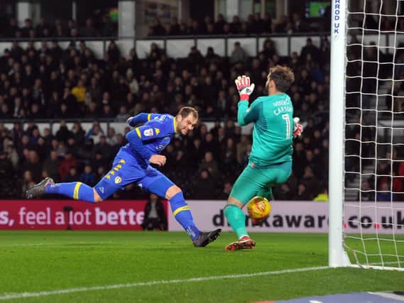 GOAL: Pierre Michel-Lasogga gives Leeds United the lead at Derby County.