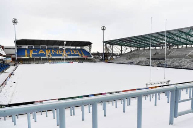 Emerald Headingley stadium under snow yesterday.