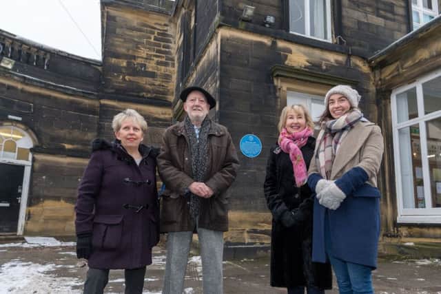 Jane Taylor, chair of Leeds Civic Trust, next to Richard Gott; Sarah West, fourth great-granddaughter; and Philippa West, fifth great-granddaughter