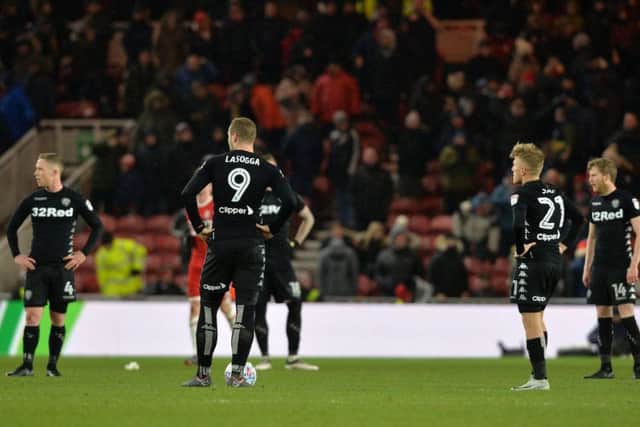 Leeds wait for the restart after Patrick Bamford's third goal.