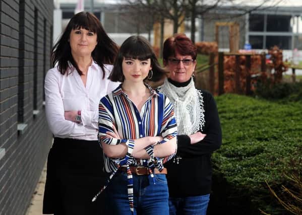 Annie Maloney aged 19 (centre) pictured with her mum Mirelle Midgley and her Nan Susan Dowsett, at Thorpe Park, Leeds....6th March 2018 ..Picture by Simon Hulme