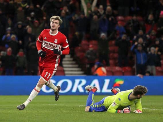 Patrick Bamford beats Felix Wiedwald during Leeds United's 3-0 defeat to Middlesbrough on Friday.