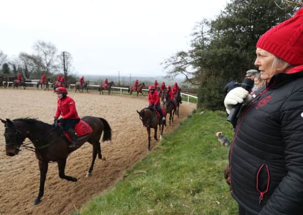 Trainer Jessica Harrington watches Our Dukeat her Commonstown Stables in Moone, Ireland. PIC: Niall Carson/PA Wire