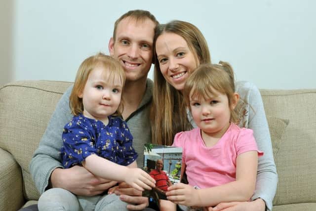 16 March 2018......  Matthew and Caroline with their daughter Rosie and Eva.
Caroline Marsh, 31, wants to raise awareness of the symptoms and dangers of killer disease sepsis, which claimed the life of her father Stephen Ewen, 62, in a matter of hours last year. Her husband Matthew, 35, is to run the 100km Leeds Country Way Trail on March 24 for the UK Sepsis Trust. Picture Tony Johnson.