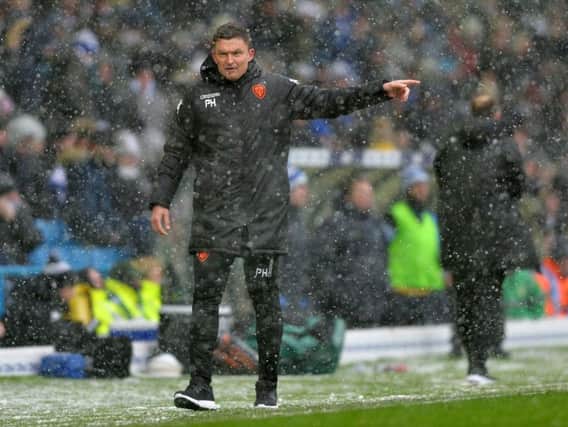 Leeds United head coach Paul Heckingbottom in the snow during Saturday's 2-1 loss at home to Sheffield Wednesday. Picture by Bruce Rollinson.