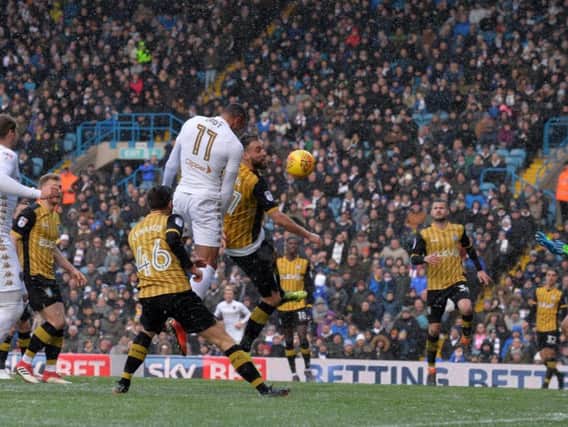 Jay-Roy Grot heads home his first goal for Leeds United during Saturday's 2-1 defeat.
