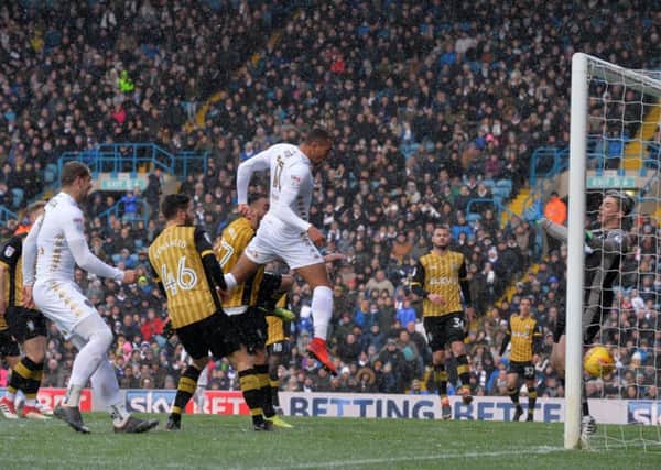 Jay-Roy Grot heads in Leeds' equaliser against Sheffield Wednesday. PIC: Bruce Rollinson