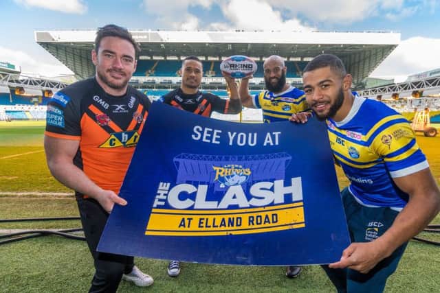 Leeds Rhinos and Castleford Tigers forthcoming clash at Elland Road, Leeds, on Friday 23rd March. Pictured Castleford players Grant Millington and Ben Roberts, with Leeds Rhinos players  Jamie Jones-Buchanan, and Kallumm Watkins.