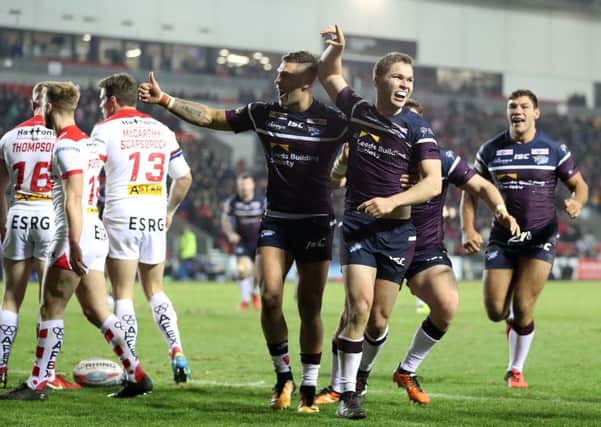 Matt Parcell celebrates his try against Saints last week. PIC: Martin Rickett/PA Wire