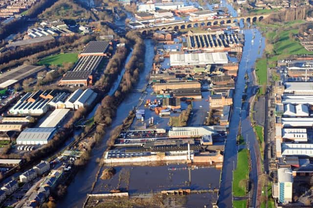 An aerial view of the Kirkstall Road area of Leeds, when the River Aire burst its banks in December 2015.