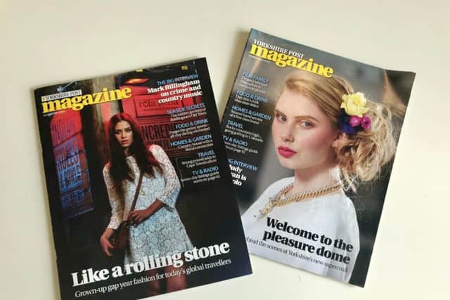 THE FRONT COVERS: On the right, Shot at Trinity Leeds before the centre opened. photographer: Bruce Rollinson; styling: Stephanie Smith; hair: Rebecca Charles; make-up: Abi Belton; model: Jenny Bishop at Boss; fashion assictant: Bethany Armitage. On the left is from a fashion shoot in June 2015 to celebrate the opening of Trinity Kitchen. Styling: Stephanie Smith. Picture: james Hardisty. Hair: Eboni Day at West Row. Model: Naomi Roberts at Boss. Make-up: Emma Worrall at Illamasqua.