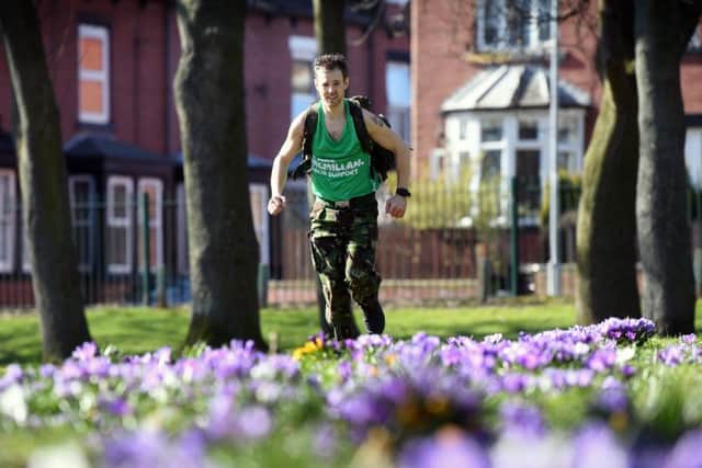 Ex soldier Danny Walker who has run almost 100 marathons and half marathons, and various 'iron man' type challenges, over the last 10 years and raised thousands of pounds for various charities including Help for heroes. Next month he will do the Manchester marathon in aid of Macmillan cancer support. He will be running in army combats and a 44kg weight on his back. 25th March 2018.