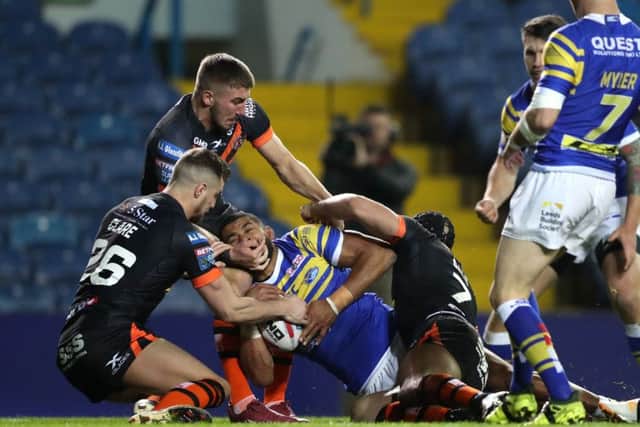 Leeds Rhinos' Kallum Watkins dives in to score his side's first try