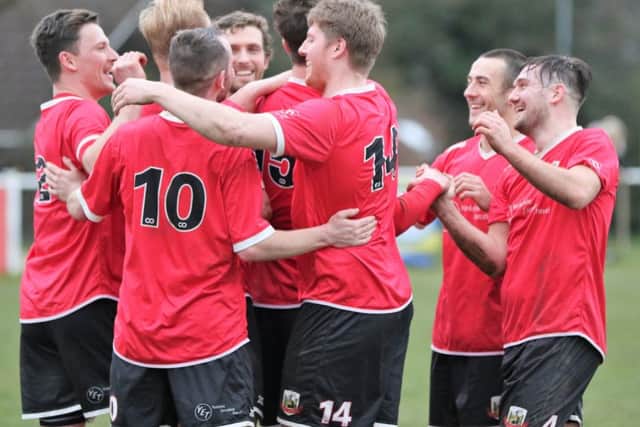 Knaresborough Town players celebrate Sam Cook's goal in their 4-0 victory over Retford. Picture: Craig Dinsdale.
