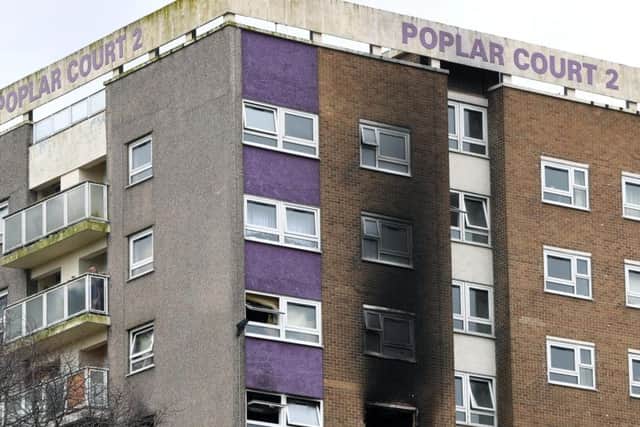 The aftermath of the Poplar Court flats blaze. Picture: Jonathan Gawthorpe