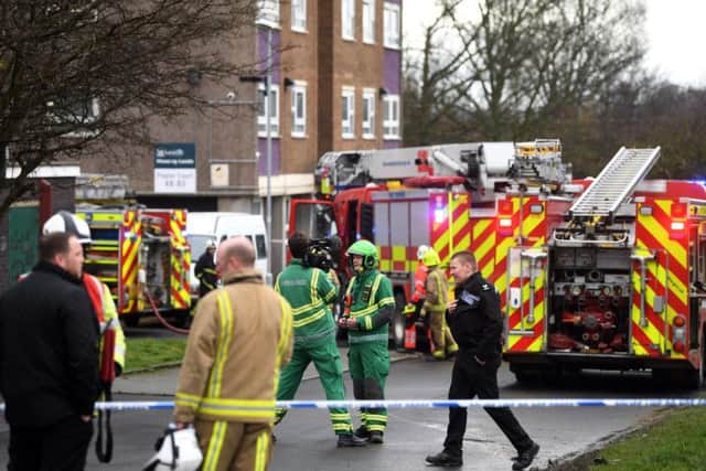 The aftermath of the Poplar Court flats blaze. Picture: Jonathan Gawthorpe