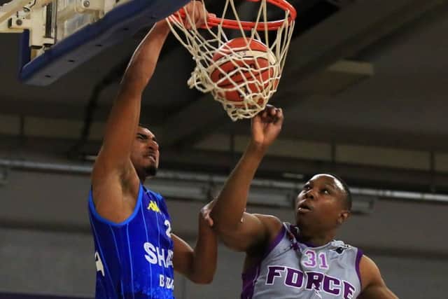 HELLO AGAIN:  Action from Octobers meeting with Yorkshire BBL rivals Sheffield Sharks in which the South Yorkshire club prevailed 98-71. The two teams meet again on Sunday, but only after Leeds take on London tomorrow. Picture: Chris Etchells.