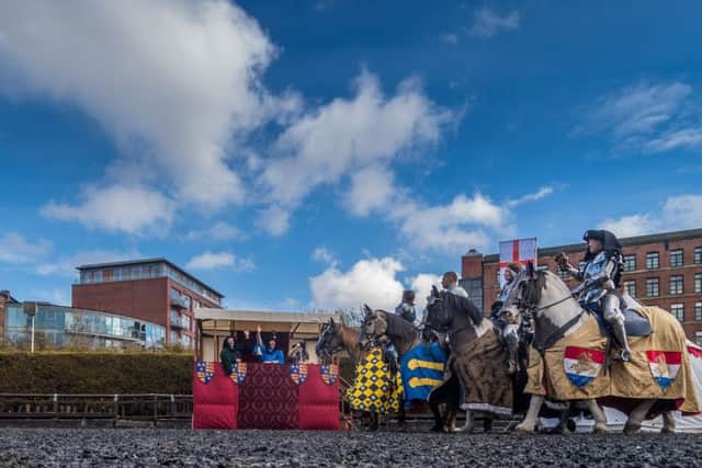 Date: 29th March 2018.
Picture James Hardisty.
The Royal Armouries annual International Easter Jousting Tournament held in the Royal Armouries Tiltyard, Leeds. Pictured (left to right) Nicky Willis (Team England), Lukasz Dutkiewicz (Team Poland), Marie Baron (Team France), and Sarah Hay (Team Australia).