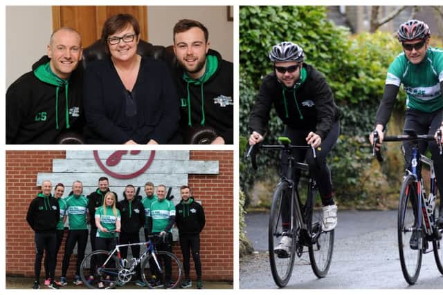 PEDAL POWER: Chris and Daniel Strutt with wife/mum Tracey; the father and son in training; and a group photo of nine of the 13 cyclists taking part in the Pontefract to Paris ride.