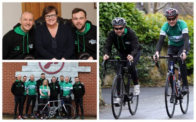 PEDAL POWER: Chris and Daniel Strutt with wife/mum Tracey; the father and son in training; and a group photo of nine of the 13 cyclists taking part in the Pontefract to Paris ride.