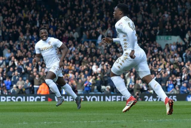 Caleb Ekuban celebrates his opening goal against Bolton Wanderers.