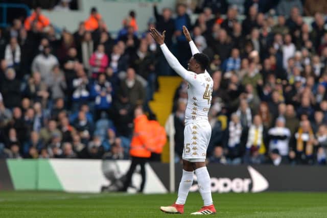 Caleb Ekuban salutes the crowd - and his brother - as he celebrates his opening goal against Bolton Wanderers. PIC: Bruce Rollinson