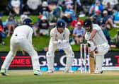 Blocked: Colin De Grandhomme blocks a ball with Jonny Bairstow of England looking on. Picture: John Davidson / www.photosport.nz