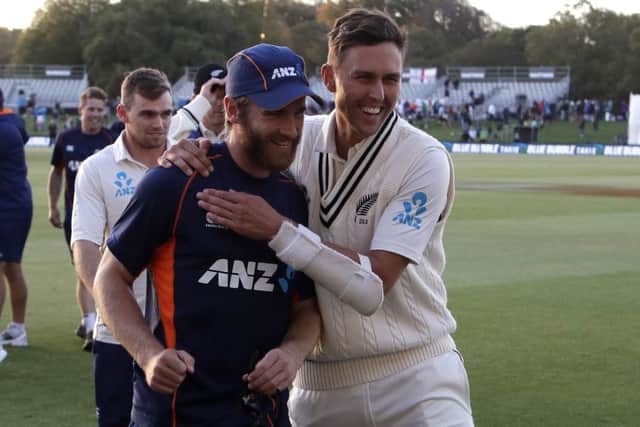 WINNERS: New Zealand's Trent Boult, right, embraces his captain Kane Williamson at the end of play on the final day at Hagley Oval. Picture: AP/Mark Baker