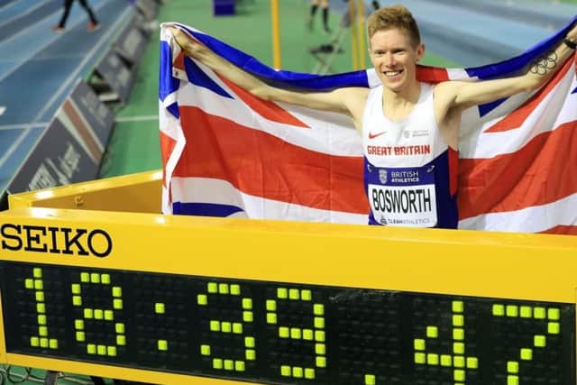 Record: Leeds race walker Tom Bosworth broke the British 3,000m record in Sheffield earlier this year.