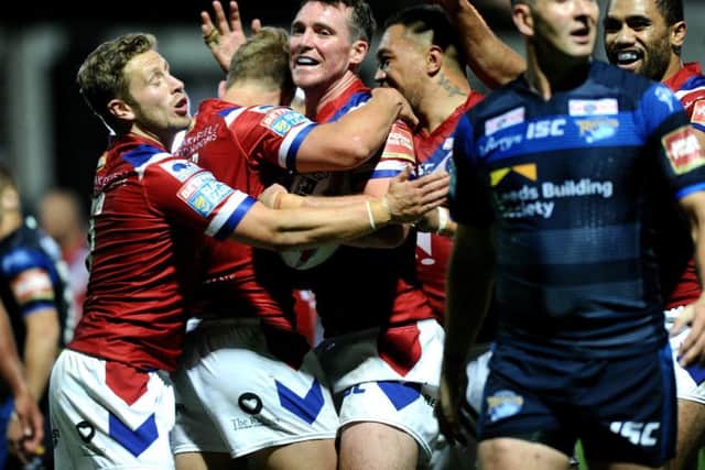 Wakefield 
Trinity's Matty Ashurst celebrates his second half try against Leeds in August last year.