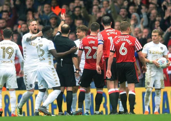 FAMILIAR SIGHT: Leeds United's Gaetano Berardi is sent off for the third time this season. Picture by Jonathan Gawthorpe.