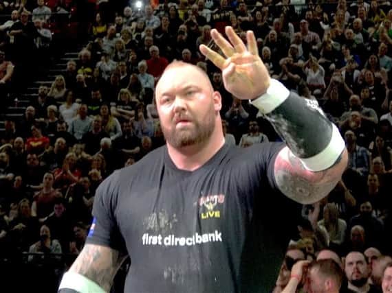 Four times Europe's Strongest Man Hafor 'Thor' Bjornsson celebrates at Leeds First Direct Arena.