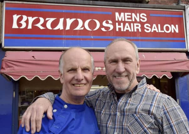 Bruno's  Hair Salon, Harehills Road, Leeds John Kay and Dave Webster who are hanging up their scissors   9th april 2018