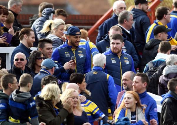 Sidelined Leeds Rhinos pack stars Anthony Mullally, Nathaniel Peteru and Mitch Garbutt pictured mingling with fans at Wakefield last weekend. PIC: Jonathan Gawthorpe