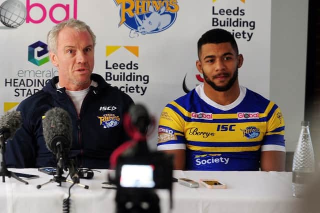 Leeds coach Brian McDermott is pictured with Rhinos captain Kallum Watkins. (Picture: Simon Hulme)