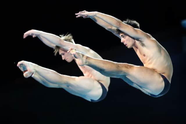 Yorkshire's Jack Laugher, left, and Chris Mears during the Men's Synchronised 3m Springboard at the Optus Aquatic Centre. Picture: Danny Lawson/PA.