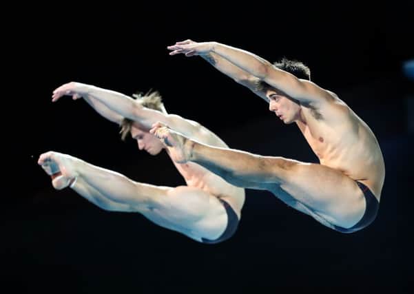 Yorkshire's Jack Laugher, left, and Chris Mears during the Men's Synchronised 3m Springboard at the Optus Aquatic Centre. Picture: Danny Lawson/PA.