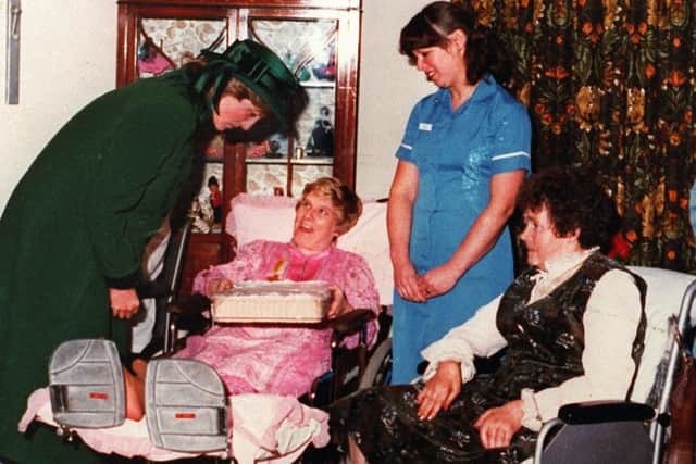 Princess Diana meeting Pam Russell at St Gemma's Hospice in Leeds during a visit in 1982