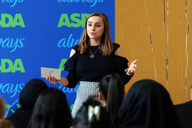 YouTuber Hannah Witton is pictured with girls at The Co-Operative School, Leeds, talking about sanitary pads, which Asda have donated over 3000 to the school...18th April 2018 ..Picture by Simon Hulme