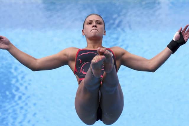 England's Alicia Blagg makes a dive during the women's 1m springboard preliminary at the Aquatics Centre during the 2018 Commonwealth Games on the Gold Coast, Australia. PIC: AP Photo/Rick Rycroft