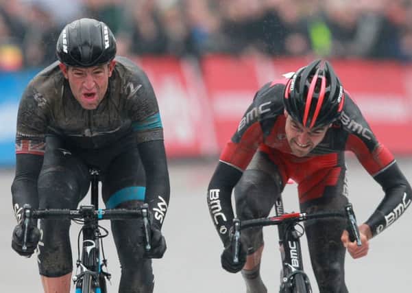 Belgium's Greg Van Avermaet, right, of the BMC Racing team is heading bakc to the Tour de Yorkshire. (AP Photo/Yves Logghe)