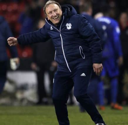 Cardiff City manager Neil Warnock celebrates on the touchline as Cardiff score an equalising goal during the Championship match at Bramall Lane, Sheffield. PRESS ASSOCIATION Photo. Picture date: Monday April 2, 2018. See PA story SOCCER Sheff Utd. Photo credit should read: Richard Sellers/PA Wire. RESTRICTIONS: EDITORIAL USE ONLY No use with unauthorised audio, video, data, fixture lists, club/league logos or "live" services. Online in-match use limited to 75 images, no video emulation. No use in betting, games or single club/league/player publications
