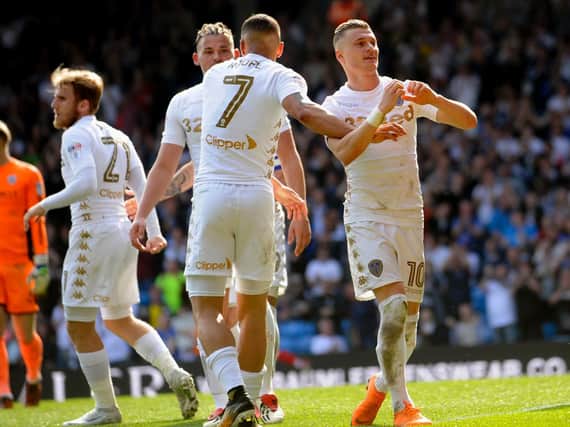 Gjanni Alioski celebrates the crucial goal in Leeds United's 2-1 win over Barnsley.