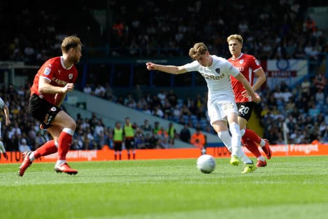First-time Leeds United goalscorer, Tom Pearce finding the target against Barnsley. PIC: Simon Hulme