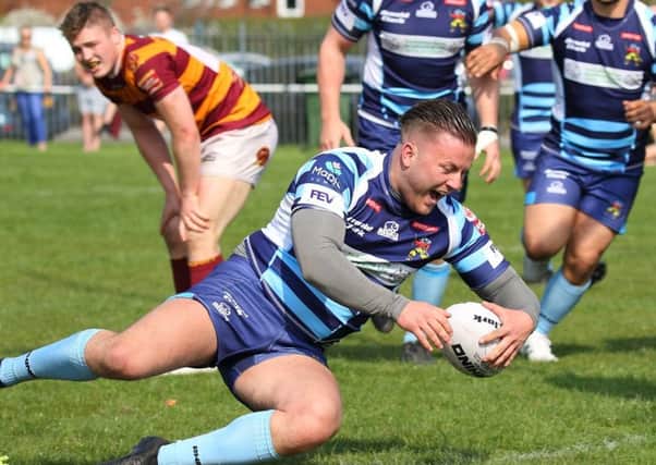 Lee Coates had an eventful day for Hunslet Warriors against Dewsbury Moor, scoring a try before being red-carded. PIC: Craig Hawkshead