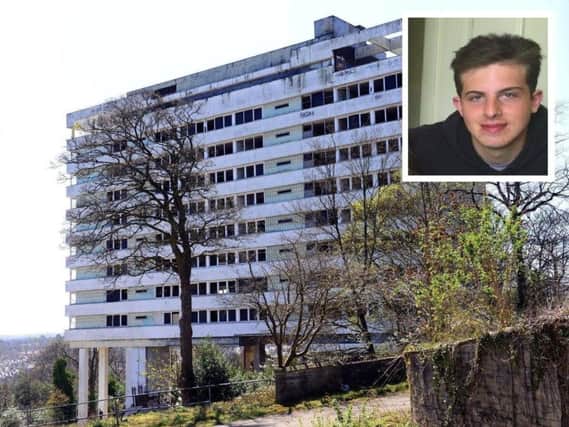 Thomas Rhodes (inset) died after falling from the ninth floor of the derelict Hallam Tower on March 26 last year