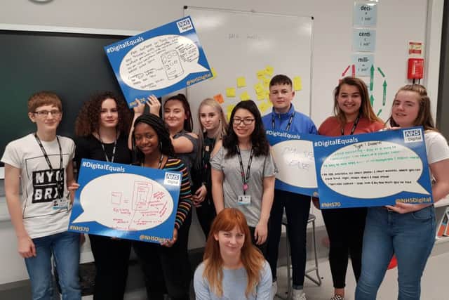 Biology students from Elliott Hudson College with Emma Harvey, head of product development at NHS Digitals Digital Delivery Centre (front centre).